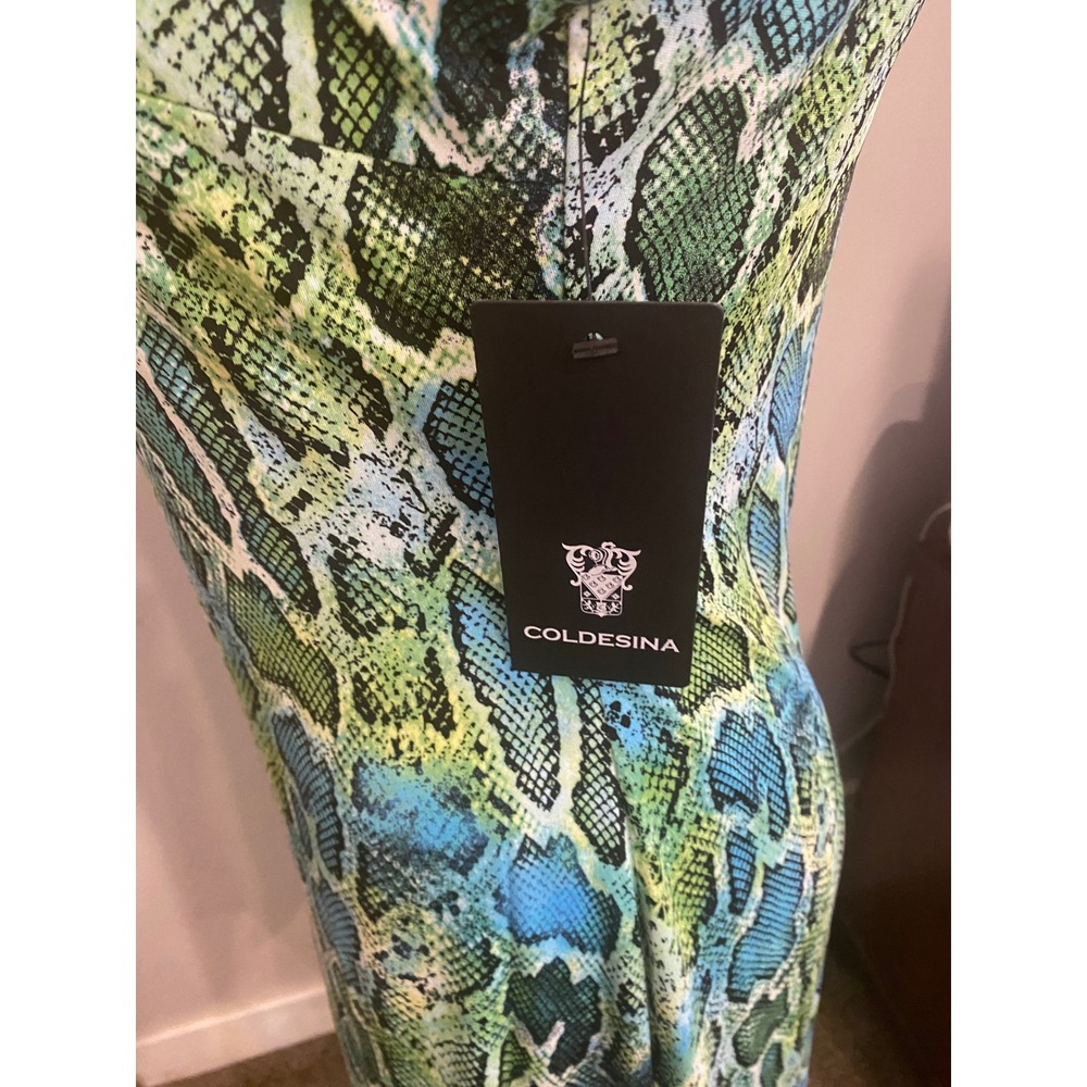 Coldesina Green Snake Print Asymmetrical Cape Sleeve Mini Dress Size L NEW - Picture 10 of 10